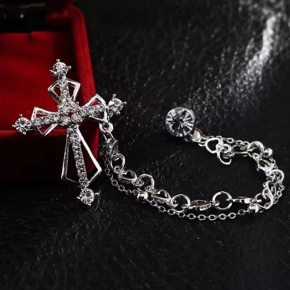 Brand New Silver Tone Cross Rhinestone Brooch Pin